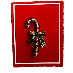 Vintage Avon Candy Cane Pin Brooch Red Green Gold Tone Metal 1.25 inch
